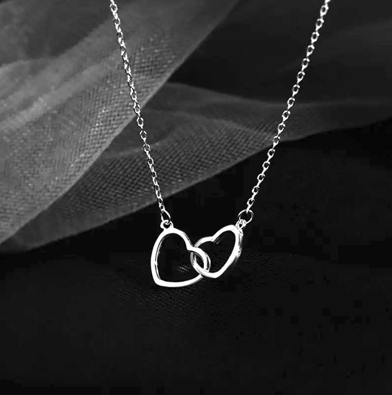 Double Heart Necklace, Linked Love Hearts Necklace, Gold Heart Necklace, Silver Heart Necklace Silver