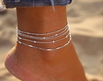 5 Piece Simple Ankle Chain, Multi Layered Anklet, Minimalist Dainty Anklet, Personalisable Initial Anklet