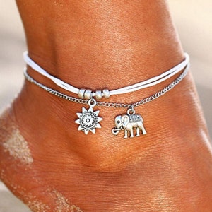 Boho Elephant and Sunflower White and Silver Anklet, Layered Dainty Anklet, Gifts for Her, Animal Anklet
