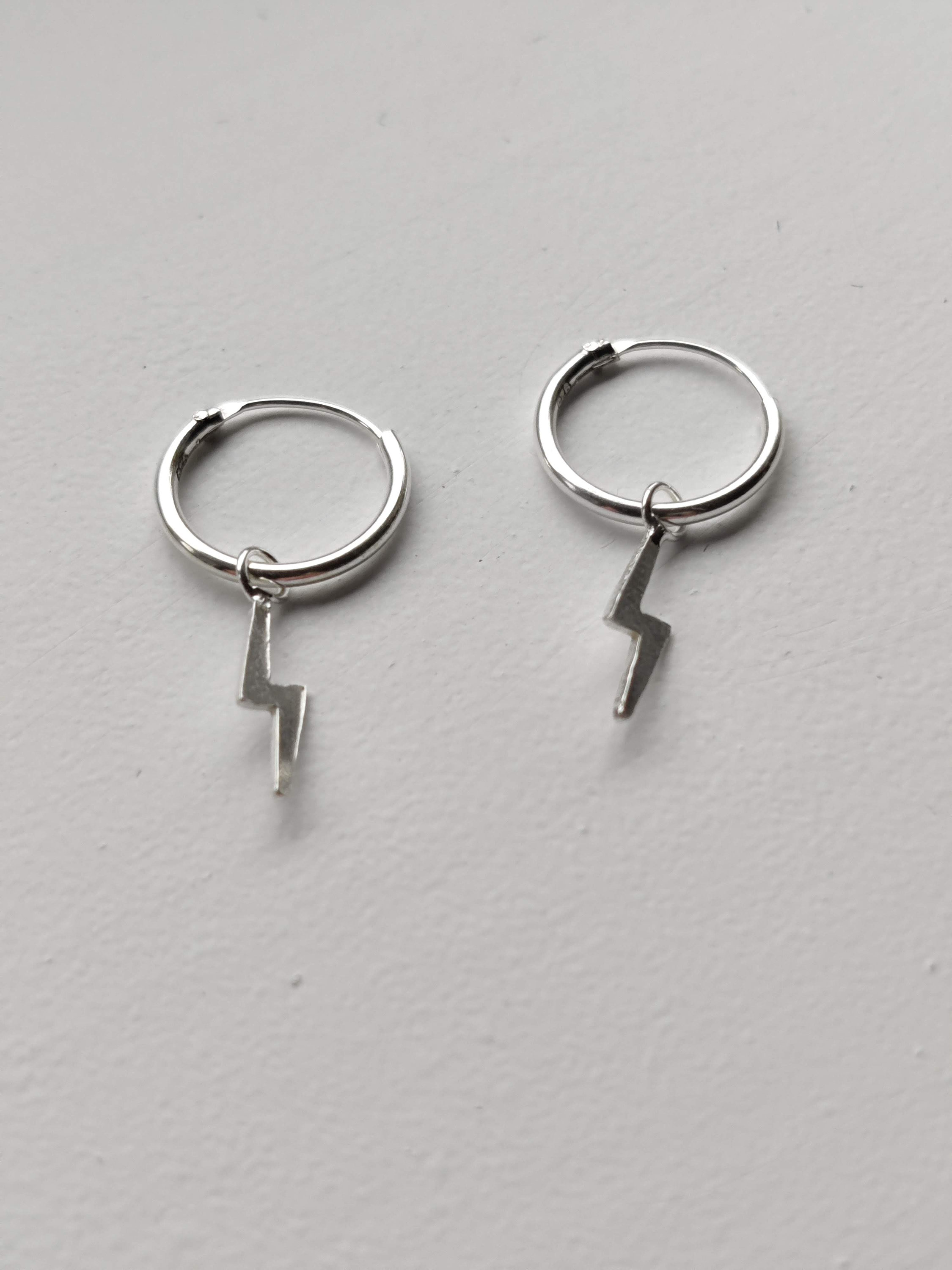 925 Sterling Silver Lightning Hoop Earrings Lightning Bolt Etsy