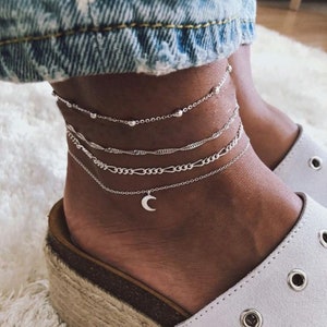 Boho Silver Moon Anklet, Layered Dainty Moon Anklet, Gifts for Her, Ankle Bracelet, Crescent Anklet