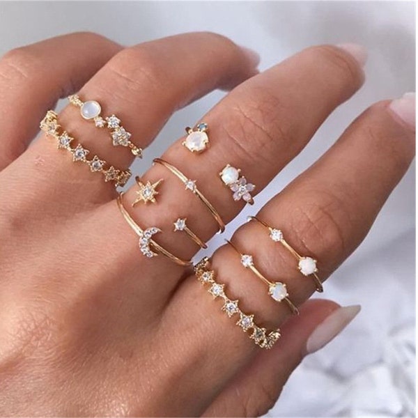 Set di anelli stella e luna, oro Boho, anello stella, anello lunare, set di anelli astrologici, anelli d'argento