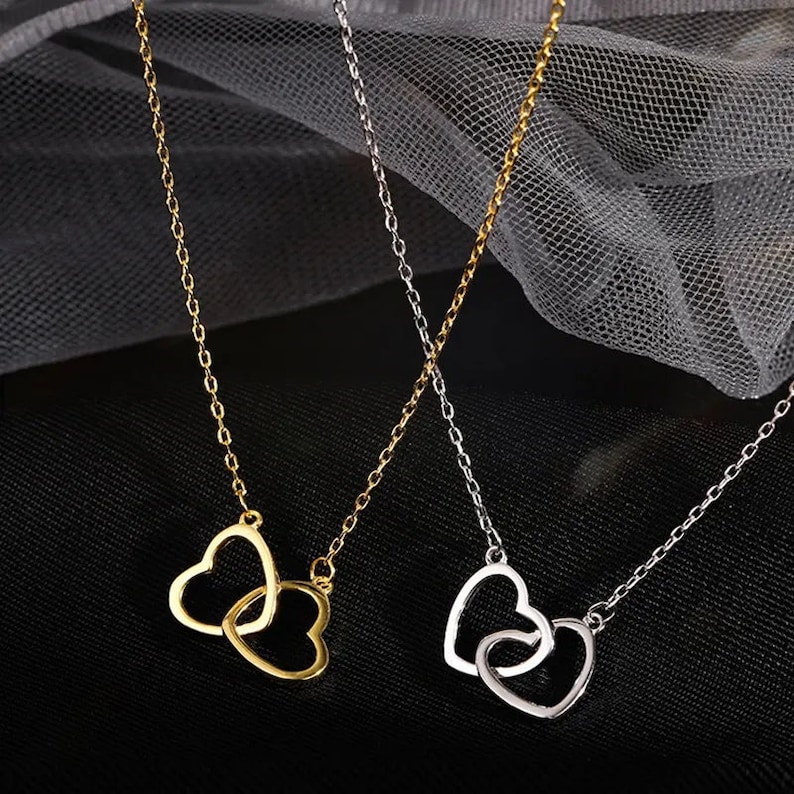 Double Heart Necklace, Linked Love Hearts Necklace, Gold Heart Necklace, Silver Heart Necklace zdjęcie 1