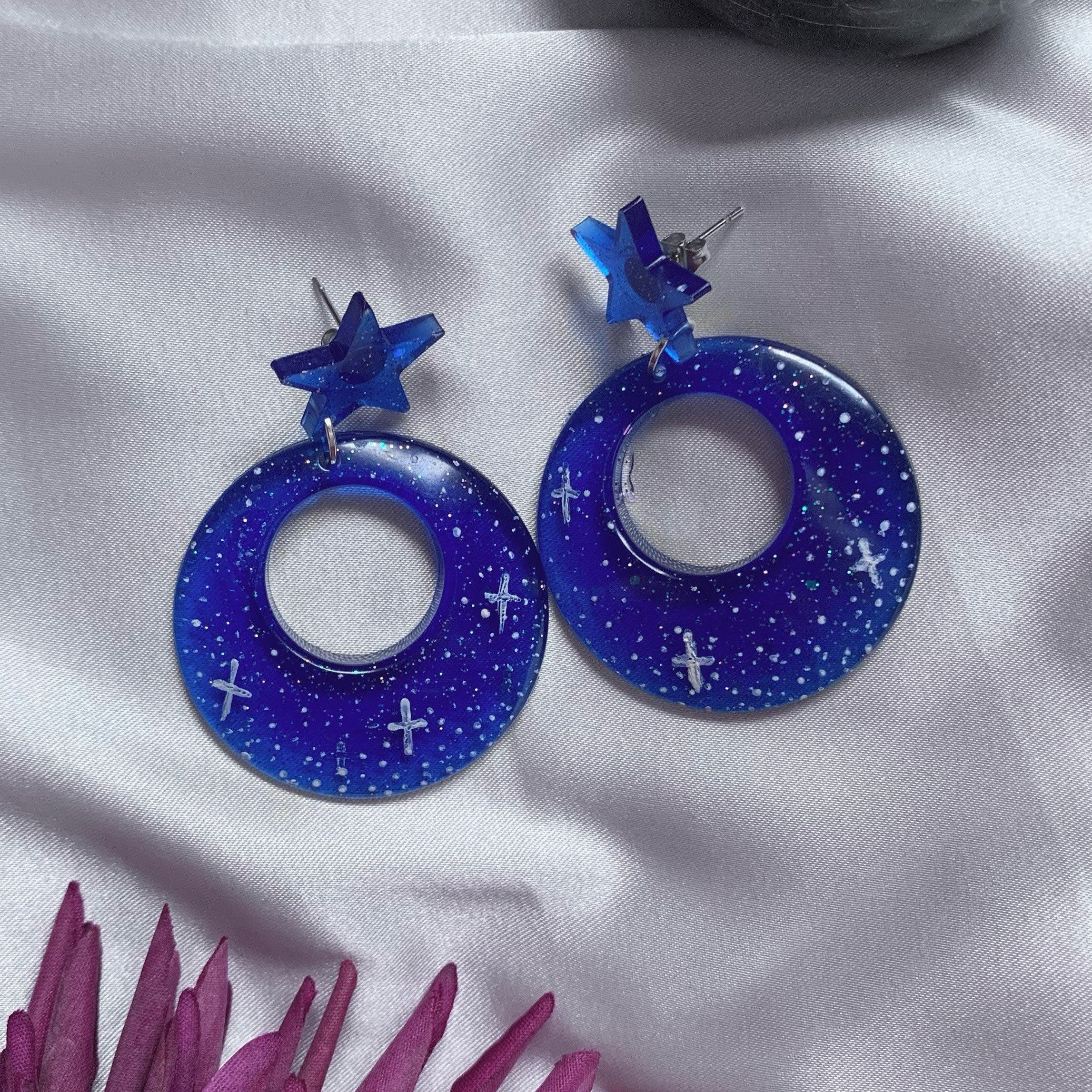 Starry Night Earrings Resin Hand Painted Blue White Star Studs Etsy