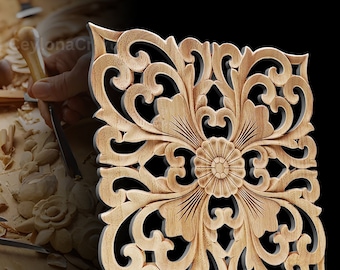 New Flower Wood Carving Natural Wood Appliques for Furniture Cabinet Unpainted Wooden Mouldings