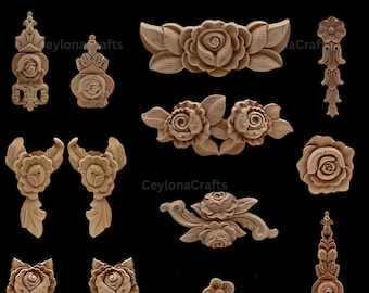 New Flower Wood Carving Natural Wood Appliques for Furniture Cabinet Unpainted Wooden Mouldings