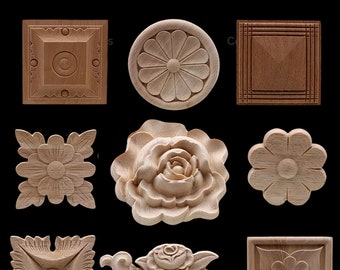 New Flower Wood Carving Natural Wood Appliques for Furniture Cabinet Unpainted Wooden Mouldings