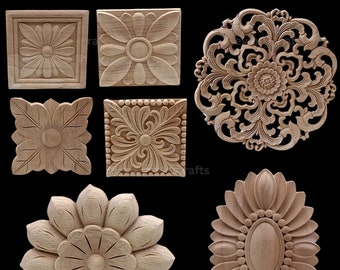 Flower Carving Natural Wood Applique Only Wood Carved Unpainted Figurines
