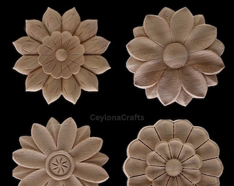 Flower Carving Natural Wood Applique Only Wood Carved Unpainted Figurines