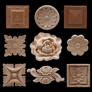 New Flower Wood Carving Natural Wood Appliques for Furniture Cabinet Unpainted Wooden Mouldings