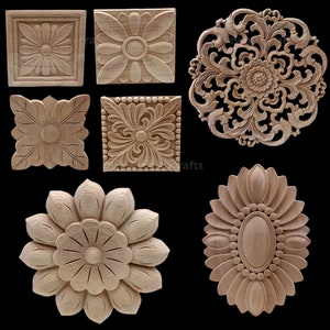 Flower Carving Natural Wood Applique Only Wood Carved Unpainted Figurines