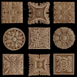 New Flower Wood Carving Natural Wood Appliques for Furniture Cabinet Unpainted Wooden Mouldings