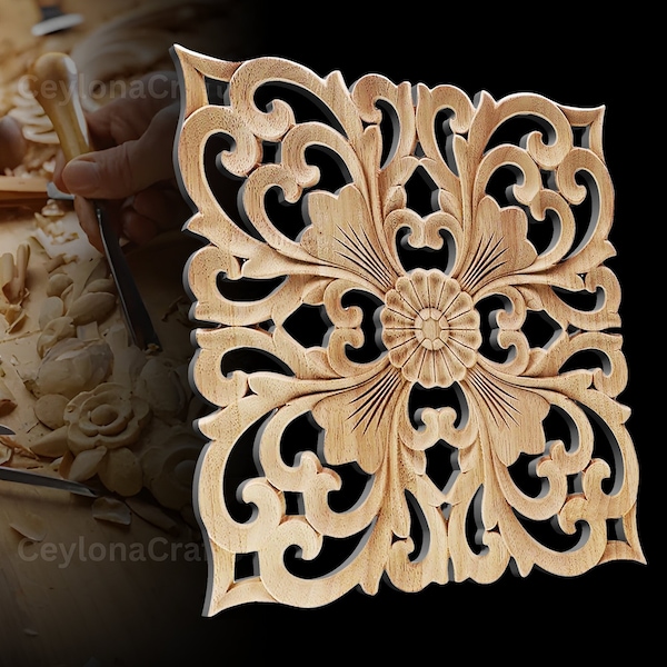 New Flower Wood Carving Natural Wood Appliques for Furniture Cabinet Unpainted Wooden Mouldings