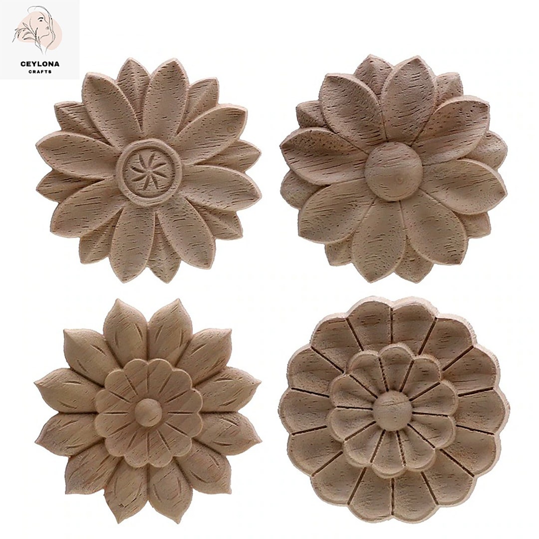 Flower Carving Natural Wood Applique Only Wood Carved Etsy