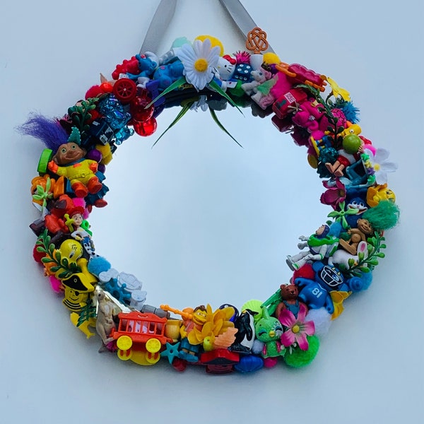 Kitsch mirror made from toys, quirky mirror for hall, recycled mirror, colourful round mirror, housewarming gift.