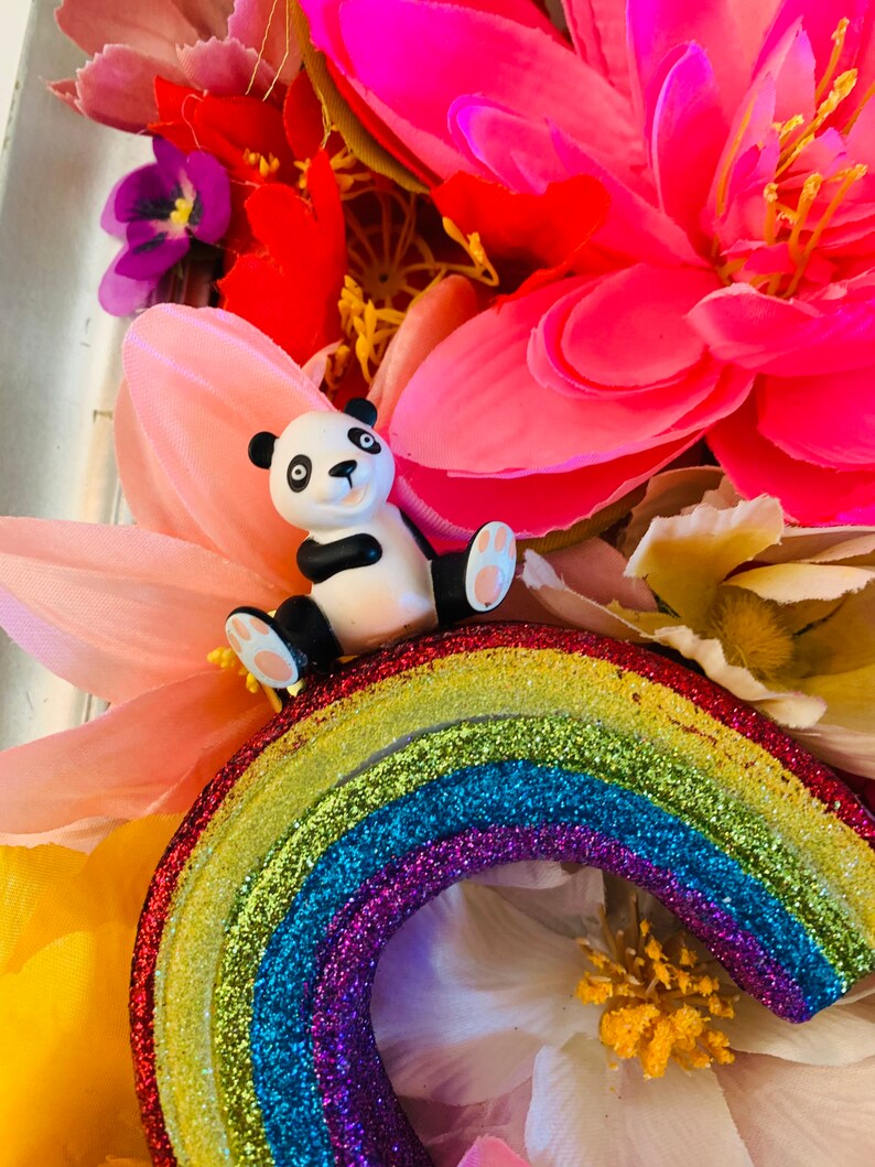 Kitschy Fake Flowers and Rainbow Wall Decor, Whimsical Flower Art With
