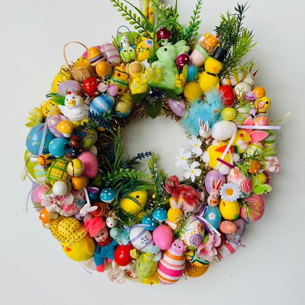 colourful, recycled kitschy easter wreath,  toy wreath, gift for Easter, kitschy ornament wreath