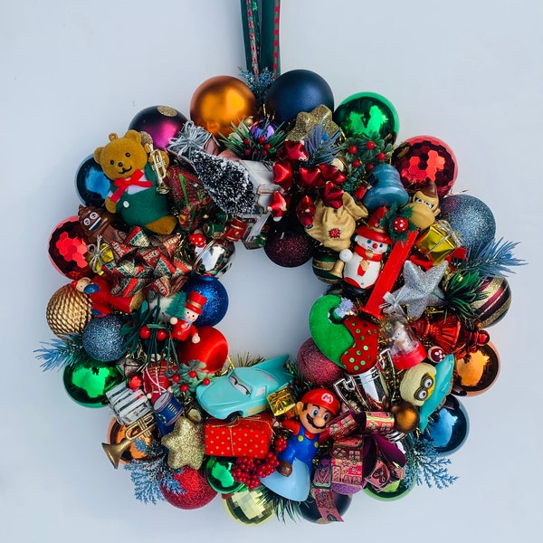 Kitsch Christmas wreath, upcycled Christmas decorations,  colorful wreaths for front door, Christmas gift for her. toy wreath