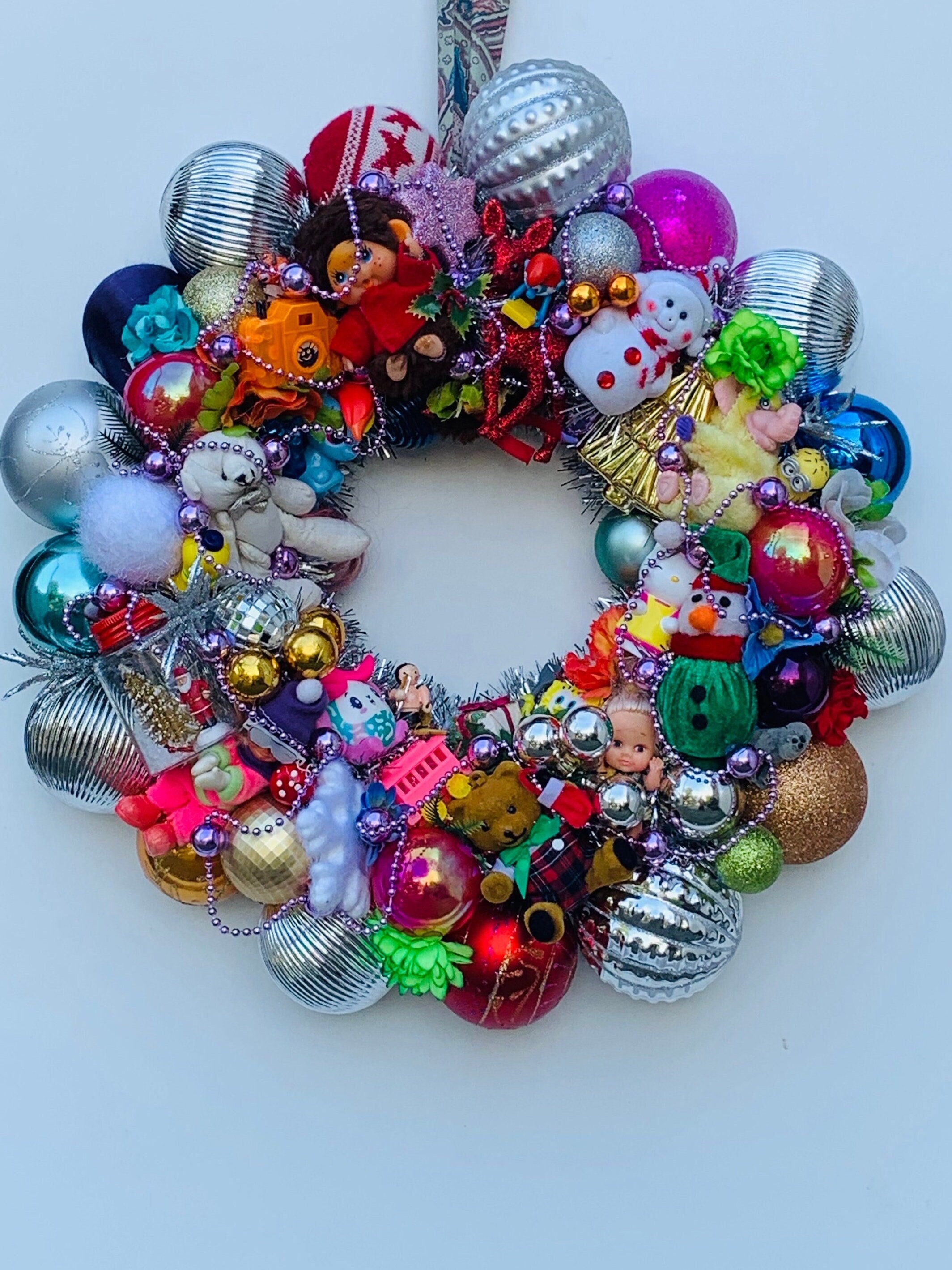 Kitsch Christmas Wreath, Upcycle Wreath, Colourful Wreath for Front