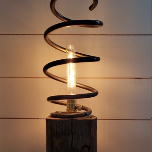 Beautiful Reclaimed Hand-Hewn Table Lamp w/ Metal Spring Top