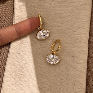 Hailey Bieber Inspired Oval CZ Drop Earrings: Gold Plated Huggie Hoops