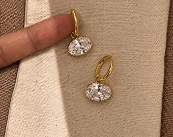 Hailey Bieber Inspired Oval CZ Drop Earrings: Gold Plated Huggie Hoops