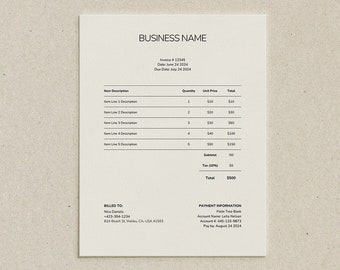 Minimalist Business Invoice Template, Modern Boho Design (Instant Download)