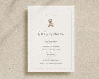 Teddy Bear Baby Shower Invitation Template Blue Baby Shower Neutral Baby Shower Modern Baby Shower Invitation Minimal Editable Printable, B1