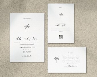 May include: A set of three white wedding stationery cards with minimalist palm tree illustrations. The cards include an invitation, RSVP, and details card, with text in a simple, elegant font. The invitation reads "Chloe and Jackson" and the date.