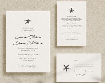 May include: A wedding invitation with a starfish design. The invitation is for Lauren Olivera and Shaun Whitmore, and it is set for June 9th, 2024 at 5 PM at the Finest Playa Resort & Spa in Tulum, Mexico. The invitation also includes information about accommodations, transportation, attire, and an RSVP card.
