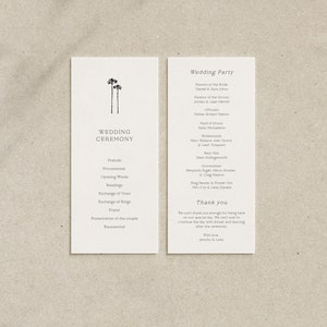 Plantilla del programa de ceremonia de boda de palmera, boda en la playa, programa de ceremonia, boda de destino, palmera minimalista de boda tropical C01