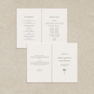 May include: A wedding ceremony programme with a white background and black text. The programme includes the order of the ceremony, the wedding party, and a message from the couple. The text includes the names Jordan Danielson and Siena Martinez.