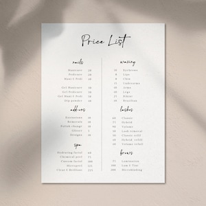 Price List Template, Small Business Price List, Editable Price Sheet, Pricing List, Salon Price List, Download, Modern, Minimal, Menu, LAC