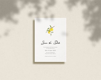 Lemon Theme Save the Date, Mediterranean Lemon Wedding Invitation, Italian Wedding Invitation, Lemon Summer Greenery Invitations, Card, C28