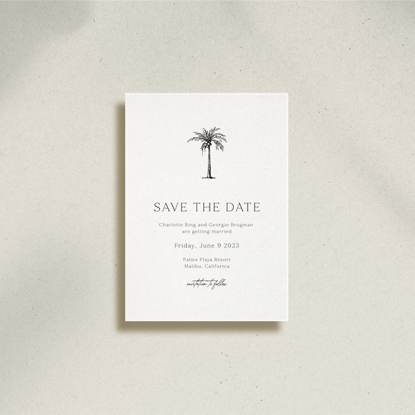 C25, Palm Tree Wedding Invitation, Beach Wedding, Save the Date, Destination Wedding, Tropical Wedding, Minimalist Palm Tree Save the Date