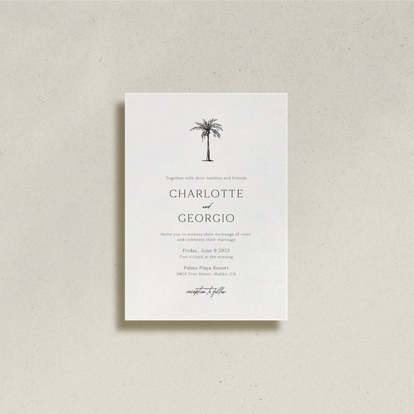 C25, Palm Tree Wedding Invitation, Tropical Beach Wedding, Minimal Wedding Invitation, Modern Template, Palm Tree Invitation, Destination