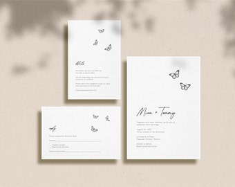 C27, Butterfly Wedding Invitation Suite Template, Modern Minimalist Butterfly Wedding Invitation Suite, Printable Invitation, Invitation