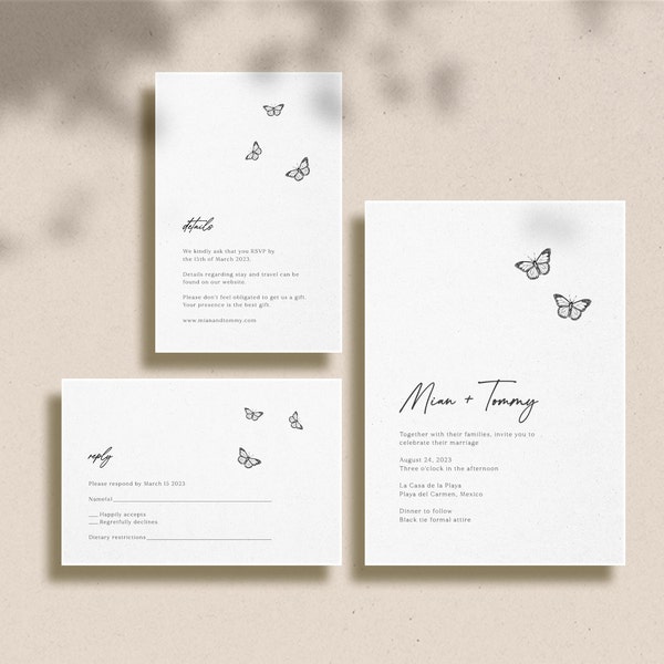 C27, Butterfly Wedding Invitation Suite Template, Modern Minimalist Butterfly Wedding Invitation Suite, Printable Invitation, Invitation