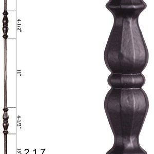 May include: Black metal double knob railing baluster with a 9/16 inch round end. The baluster is 44 inches tall and weighs 3 pounds. 2.1.7 Double Knob Ends: 9/16" Rd. Height: 44" Wt. 3 lbs.