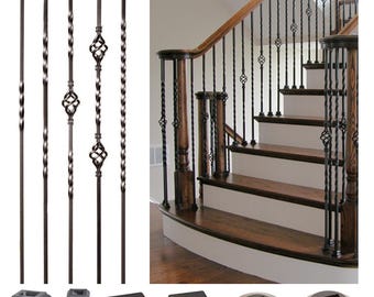 Satin Black Solid Iron - Twist Basket Iron Balusters & Shoes – 1/2" Square x 44" Tall – Box of 5 Balusters or 10 Shoes – Staircase Remodel