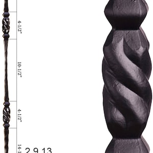 May include: A black metal double knob railing baluster with a twisted design. The baluster is 44 inches tall and has a 9/16 inch square end. 2.9.13 Double Knob Ends: 9/16" Sq. Height: 44" Wt. 5.5 lbs.
