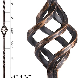 May include: A 44-inch tall, single basket, hollow iron baluster with a 1/2-inch square end. The baluster is made of black iron with a copper finish and has a twisted design. The baluster is labeled "16.1.3-T" and weighs 1.55 lbs.