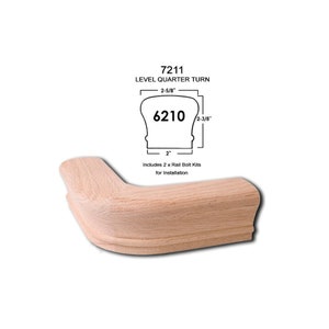 May include: A wooden handrail quarter turn with a 2-5/8 inch radius and a 2-3/8 inch projection. The handrail is made of unfinished wood and includes two rail bolt kits for installation.