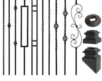 Satin Black MEGA Series 3/4" x 44" Square Hollow Iron Balusters & Base Shoes – Box of 5 Balusters - Box of 10 Shoes - Stair Remodel Parts