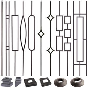 Satin Black Hollow Aalto Iron Balusters & Shoes – 1/2" Square x 44" Tall – Box of 5 Balusters or 10 Shoes – Staircase Remodel