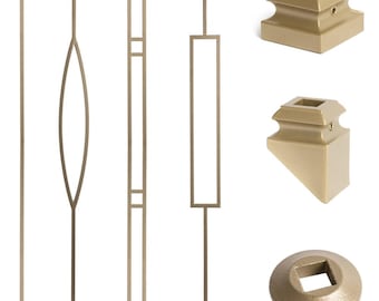 Dorado Gold Modern Iron Balusters & Shoes – 1/2" Square x 44" Tall – Box of 5 Balusters or 10 Shoes – Staircase Remodel – House of Forgings