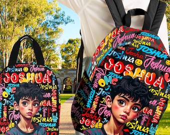 May include: A backpack and tote bag featuring a colorful design with the name "Joshua" in various fonts and colors. The bags have a portrait of a young person with dark hair and large eyes. The background is black with graffiti-style text.