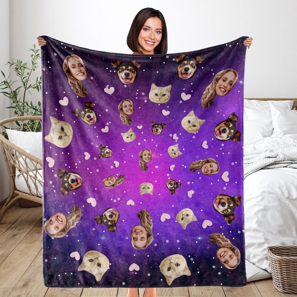 Cat Picture Blanket,Custom Faces Blanket for Family,Personalized Blanket for Dog,Personalized Gift for Him/Her/Friends,Anniversary Gifts