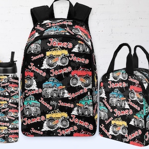 Personalized Monster Truck Backpack and Lunch Bag Set - Boys School Bag