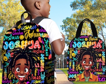 May include: A black backpack, lunch bag, and pencil case set featuring a cartoon illustration of a smiling person with the name "Joshua" in colorful graffiti-style lettering. The set is designed for school or travel.